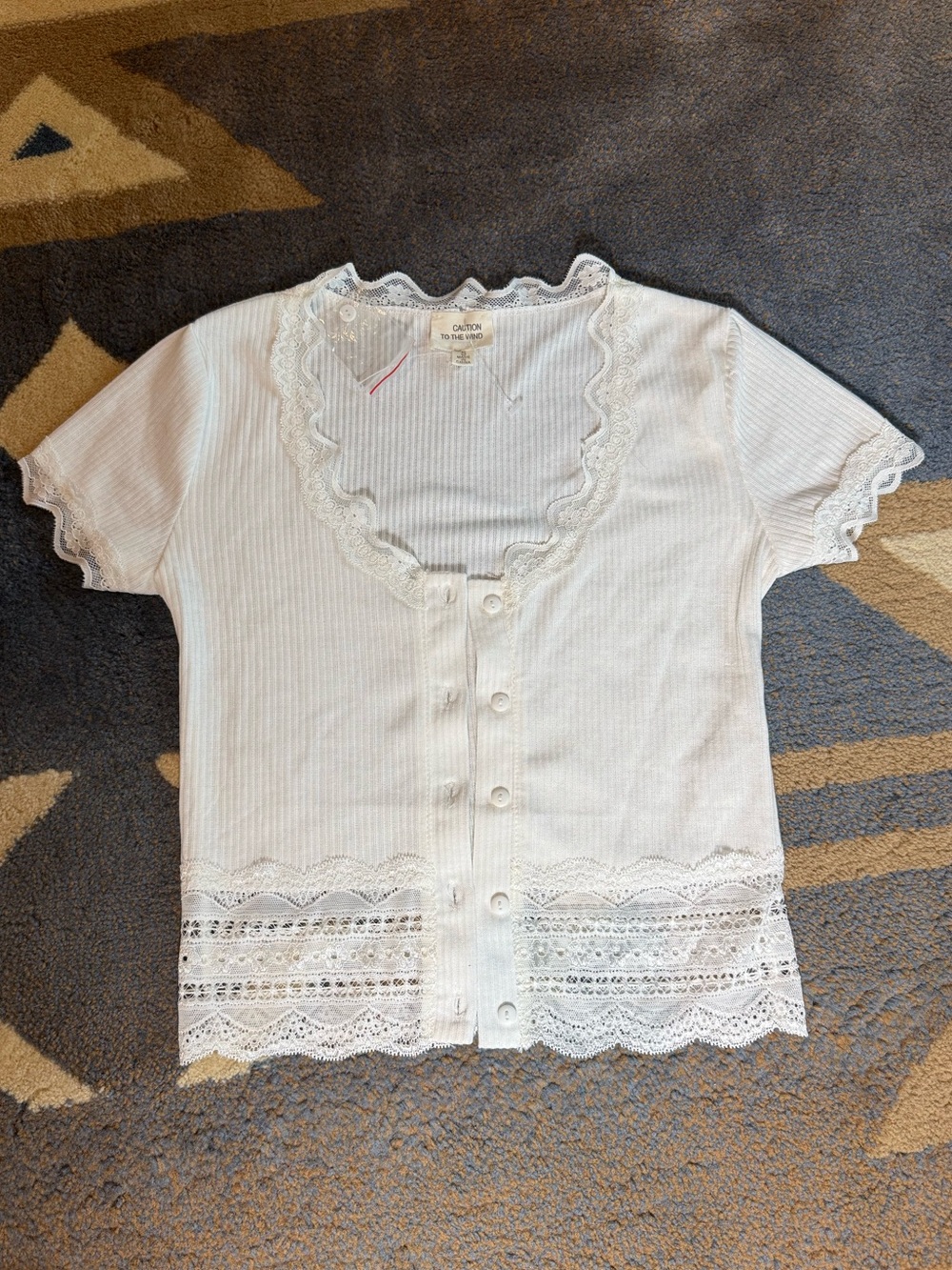 White Lace-Trim Button-Front Top